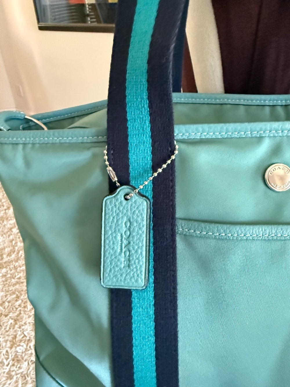 COACH CA208 Ellis Tote Bag Teal Nylon Medium Navy Cotton Straps Hang Tag - Picture 12 of 14